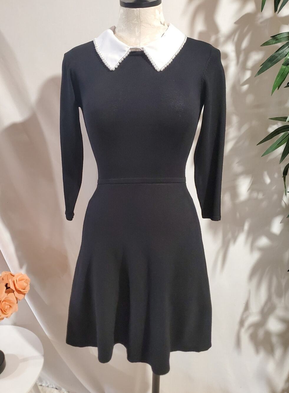 Vtg BCX Pearl Peter Pan Pearl Collar Knit Dress Sz XS Wednesday Addams Goth Y2K